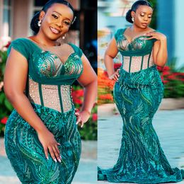 2024 Aso Ebi Hunter Green Mermaid Prom Dress Illusion Crystals Evening Formal Party Second Reception 50th Birthday Engagement Gowns Dresses Robe De Soiree ZJ43