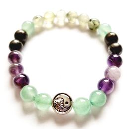 MG2086 6 MM Green Aventurine Prehnite Amethyst Pyrite Mix Bracelet Womens Yinyang Charm New Design Energy Protection Mala