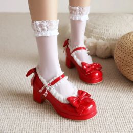 Pumps Sweet Lolita Mary Jane Shoes Patent LeatherJK Princess Maid Cosplay Tea Party Pumps Kawaii Bow Med Heels Lace Strap Plus Size 48