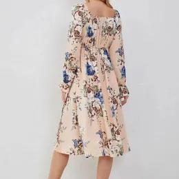 Casual Dresses Women Workwear Dress Floral Print Square Neck Midi With Puff Sleeves Pleated Back Women's Spring Commute Split