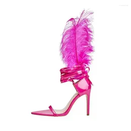 Dress Shoes Feather Strappy High Heels Women Stiletto Sexy Open Toe Rose Red Pointed Sandals Sandalias Mujer Verano Chaussure
