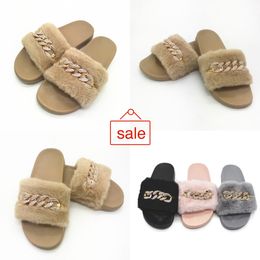 Positive In stock autumn and winter chain flash diamond fluffy slippers indoor and outdoor fluffy flat warm flip-flops Size 36-41