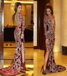 Myriam Fares Burgundy Evening Dresses with Gold Embroidery Sexy Deep V neck Arabic Dubai Turkey High Slit Prom Gowns Robe de soire6272996