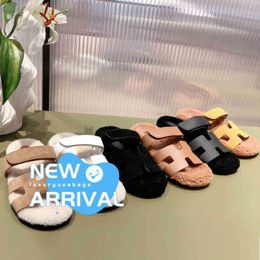 Designer Sandals h Slippers Original Slipper h Magic Patch Thick Bottom Wool H-shaped Cowhide Suede Second Uncle Shoes