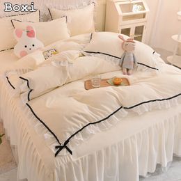 Korean Girl Heart Solid Color Bedding Set Cute Princess Style Cotton Bed Skirt Full Queen Size Flat Sheet Quilt Cover Pillowcase 240318