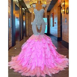 EBI Pink Aso Arabic Mermaid Prom Dresses Pärled Crystals Sexig kväll Formell fest Andra mottagning Birthday Engagement Glows Dress ZJ