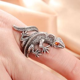 New Gothic Punk Red-eyed Lizard Open Ring for Men Women Retro Ancient Animal 14K Gold Rings Cool Jewelry 2024 Halloween Gift
