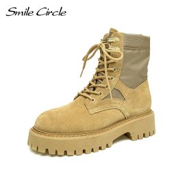 Boots Smile Circle Chunky Ankle Boots Women Leather Platform Combat Boots Outdoor Round toe Lace up Motorcycle military Boots