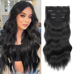 Piece Piece AISI HAIR Long Wavy Hair 24 inches Natural Black Clip In Synthetic Hair 4pcs/Set Thick Hairpieces