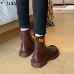 Boots SUOJIALUN New Brand Women Martin Boots Fashion Flat Heel Ladies Ankle Boot Shoes Round Toe Back Zipper Casual Short Boots