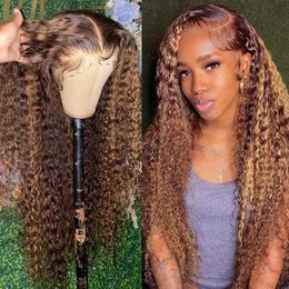 30 32 Inch Highlight Ombre Curly 13x4 Lace Front Human Hair Wigs Honey Blonde Colored Deep Wave Frontal Closure Wigs for Women