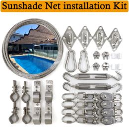 Nets Telescopic Wave Sunshade Nets Installation Parts Kits SS304 Clamp Pulley Pole Wire Rope Wave Sun Shade Net Accessories With Pole