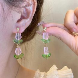 Dangle Earrings Korean Tulip Tassel For Women Girl Sweet Pink Purple Flower Earring Temperament Elegant Jewellery Gifts Wholesale