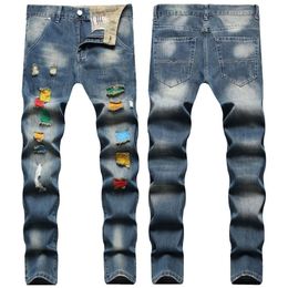 American Hip-hop Street Style Distressed Holes, Contrasting Colors, Exposed Multi-color Yarn, Small Straight Leg Jeans for Men