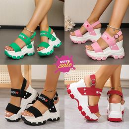 NEW Women's plus-size sandals with wedge soles, thick heels, round head, open toe letter, one-line buckle GAI 35-43