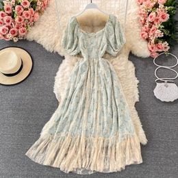 Party Dresses Vintage Floral Embroidered Short Sleeve Mesh Chiffon Dress 2024 Women Summer Elegant Square Neck Boho Lace Long Vestidos