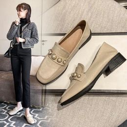 Casual Shoes Pearl Beads Rivets Slip On Loafers For Women Velvet Patchwork Pu Leather Zapatos Folds Grain Square Toe Female 34-43