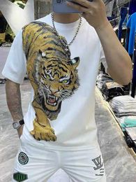 Men's T-Shirts Mens T-shirt Hot Diamond Short Sleeve High Quality 100% Cotton Street Casual Top Water Diamond Tiger Fashion Design Animal Print J240322