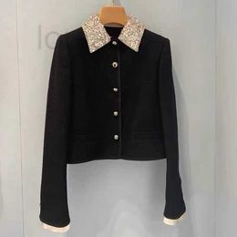 Women's Jackets Designer Brand Miu Miao Black Tweed Cardigan with French Diamond Studded Lapel, Zhang Yuanying Jacket, Short Top, Spring H0XE