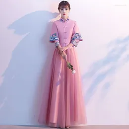 Ethnic Clothing 2024 Pink Bridesmaid Dress Chinese Stand Up Collar Wedding Three Quarter Sleeves Lady Style Hanfu Tang Suit