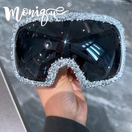 Sunglasses Full Rhinestone Oversized Goggle Women Men Designer Sport Sun Glasses One Piece Large Shades UV400