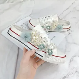 Casual Shoes Spring/summer Heel-less Canvas For Women Female Pearl Flowers Girls Students'Lace-up Fashion 35-40