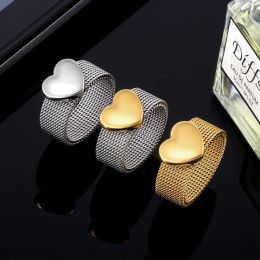 Fashion Love Heart Mesh Rings Charm Reticulate Shiny 14k Yellow Gold Round OL Finger Ring For Men Women Wedding Party Jewellery