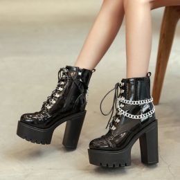 Boots Gdgydh Women's Black Gothic High Heel Ankle Boots Sexy Chain Punk Style Patent Leather Platform Boots Lace Up Motorcycle Boots