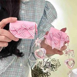 Earphone Accessories For AirPods 1 2 3 Pro AirPod Pro2 Pink Plush Bag Check Lattice Bow Keyring Earphone Case Protective Cover with Heart PendantY240322