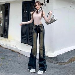 Women's Jeans Y2K Retro Blue Stretched Flared Denim Female Do Old Ink Sprayed Bell Bottoms