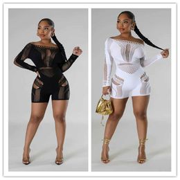 2024 Designer Hollow Out Jumpsuits Spring Women Mesh Patchwork Rompers Sexy Long Sleeve Skew Collar Playsuits Night Club Wear Wholesale Clothes 10824