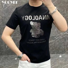 Men's T-Shirts New Short sleeved T-shirt for Mens Fashion Bear Hot Diamond Printed Round Neck Cotton Top 2022 Summer Mens T-shirt Designer Mens Wear J240322