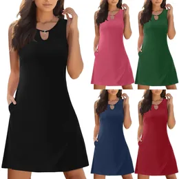 Casual Dresses 2024 Women Summer Tank Dress Fashion Round Neck Sleeveless Mini With Pockets Solid For Elegant