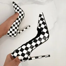 Dress Shoes Chequered Pattern Pointy Toe Stiletto Pumps Black And White Printed Leather Patchwork Shallow Slip On Women Size 45