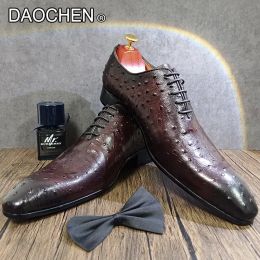 Shoes LUXURY MEN OXFORD SHOES COFFEE BLACK LACE UP POINTED OSTRICH PRINTS CASUAL DRESS SHOES WEDDING OFFICE LEATHER SHOES MEN