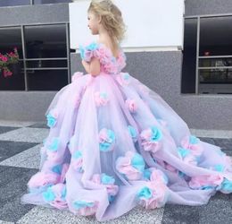 2024 Gorgeous Pink Blue Flower Girl Dress V-neck 3D Flowers Long Tulle Princess Wedding Birthday Party Dresses Child Pageant Ball Gowns