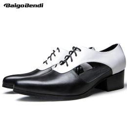 Sandals Classical Black And White Mixed Colors Men' Summer Heels Breathable Hollow Out 5 Cm Pointed Toe Leather Sandals