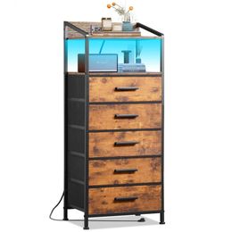 EKNKOZY Bedside 5 LED Lights Charging Station, Vertical Side Fabric Drawers, Coffee with Open Shees, High Dressing Table in Bedroom, Hallway, and Entrance