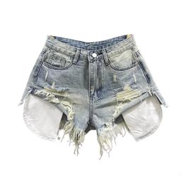 Korean Vintage Blue Sexy Ripped Jeans for Women Patchwork A-line High-waisted Denim Ultra Shorts 240322