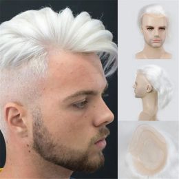 Toupees Toupees VERSALITE Human Hair Men Hairpiece Toupee French Lace Replacement For Men Thin Skin European Remy Hair Pure White Colour 10