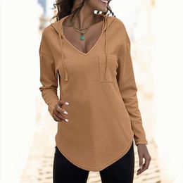 Women's Hoodies Sweatshirts For Women 2024 Spring V-neck Ladies Solid Colour Drawstring Pullovers Fashion Long Sleeve Top Sweatshirt