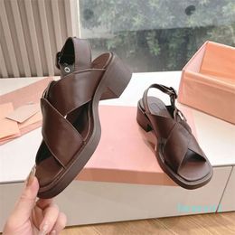 2024 Spring/summer Metal Belt Buckle Roman Sandals Women's Leather Thick Heels Cross Toe Comfort Slippers