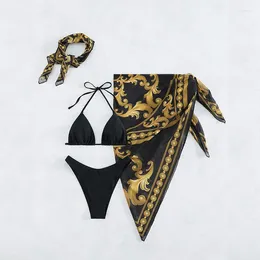 Women's Swimwear Vintage Printed 4-piece Swimsuit For Women 2024 Beach Bikini Triangle Cup Lace-up Backless Bathing Suit Low Waist