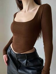 Women's T-Shirt 2024 Square neckline long sleeved casual womens T-shirt green autumn tight sexy solid basic crop top fashion street clothing 240322