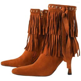 Boots Women Mid-calf Thin Heel Bohemia Motorcycle Fringed Cowboy Ankle Shoes Spring Autumn Martin Botas Mujer