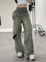 Pantaloni da donna Patchwork a vita alta Jeans da donna Solid Vintage Gamba larga lunga femminile 2024 Moda primaverile Tasche casual Pantaloni da donna dritti