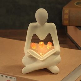 Nordic Abstract Thinker Statue Lights Creative Reader Tulip Book Sculpture Night Lamp Desk Collection Bookshelf Figurines Decor 240307