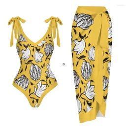 Ethnic Clothing Yellow V-Neck Swimsuit Ladies Elegant Straps Beach Dress Sexy Halter One Piece Bikini Bow Shoulder Strap Swimwear