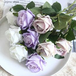 Faux Floral Greenery 5Pcs Artificial Flowers Silk Rose Long Branch Bouquet for Wedding Home Decoration Fake Plants DIY Wreath Supplies Accessories Y240322