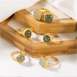 Cluster Rings Original S925 Sterling Silver Gilding Upscale Personality Women Hetian Jade Grey Simple Open Style Ring